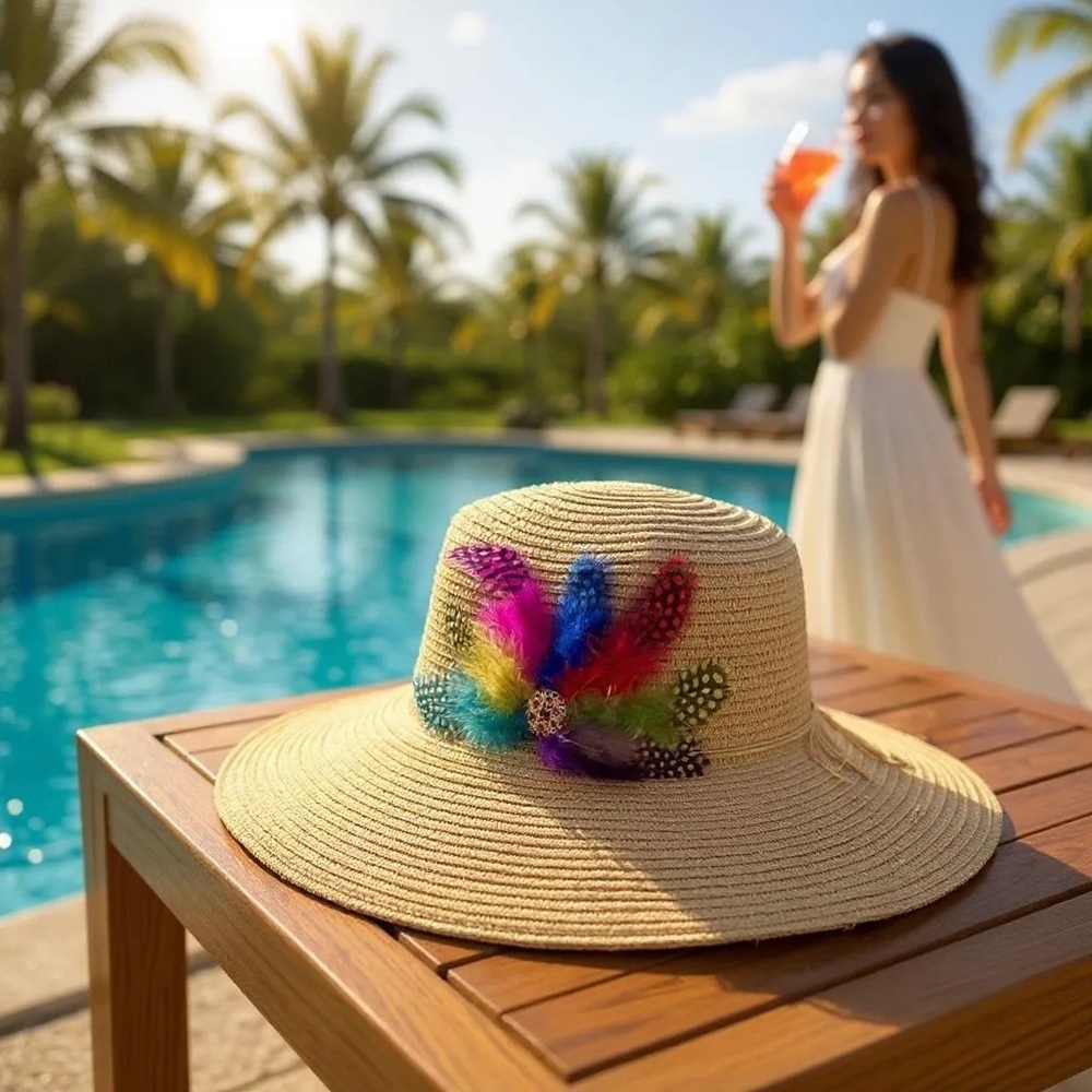 SUN BIRD FEATHER HANDMADE DESIGN FLOPPY SUN HAT COLLECTION ( Red Brooch)